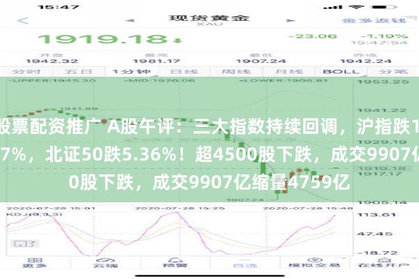 股票配资推广 A股午评：三大指数持续回调，沪指跌1.6%创指跌3.57%，北证50跌5.36%！超4500股下跌，成交9907亿缩量4759亿